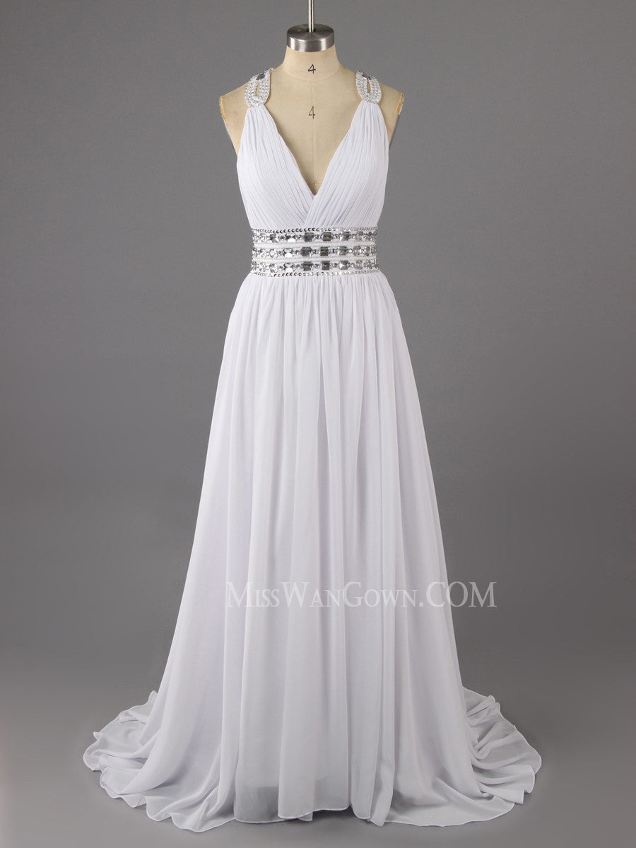 Sexy v neck chiffon handmade beading prom dresses customized sweep train evening dresses LF788