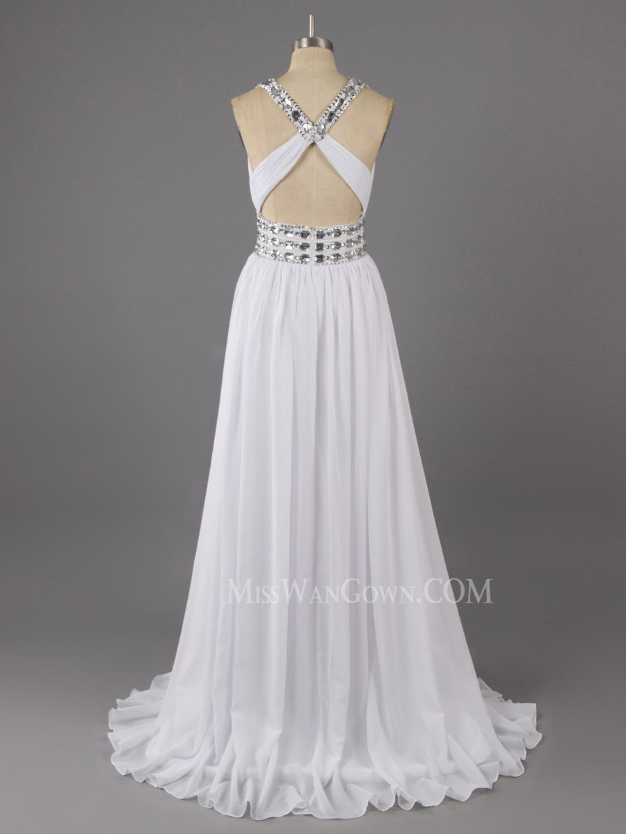 Sexy v neck chiffon handmade beading prom dresses customized sweep train evening dresses LF788