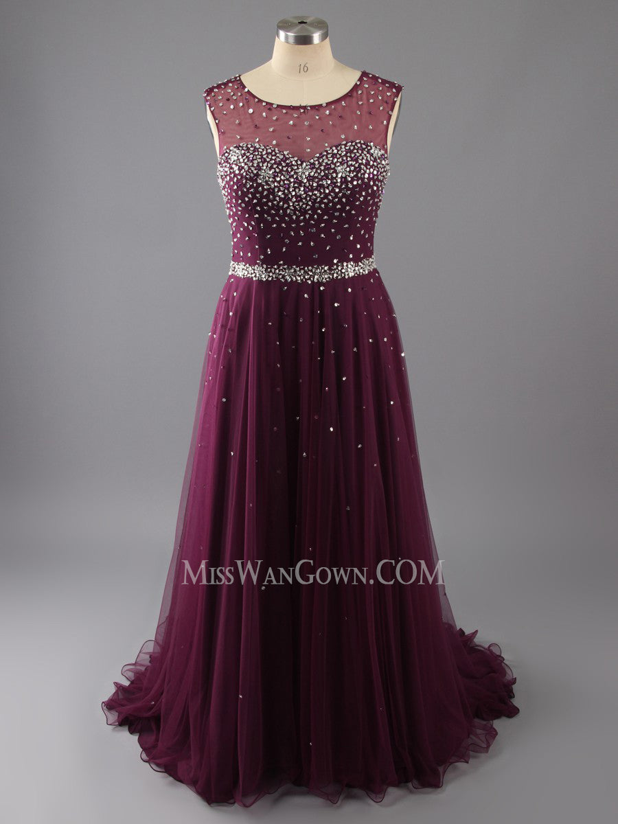 Round neck tulle handmade beading sequins prom dresses sweep train backless evening dresses LF784