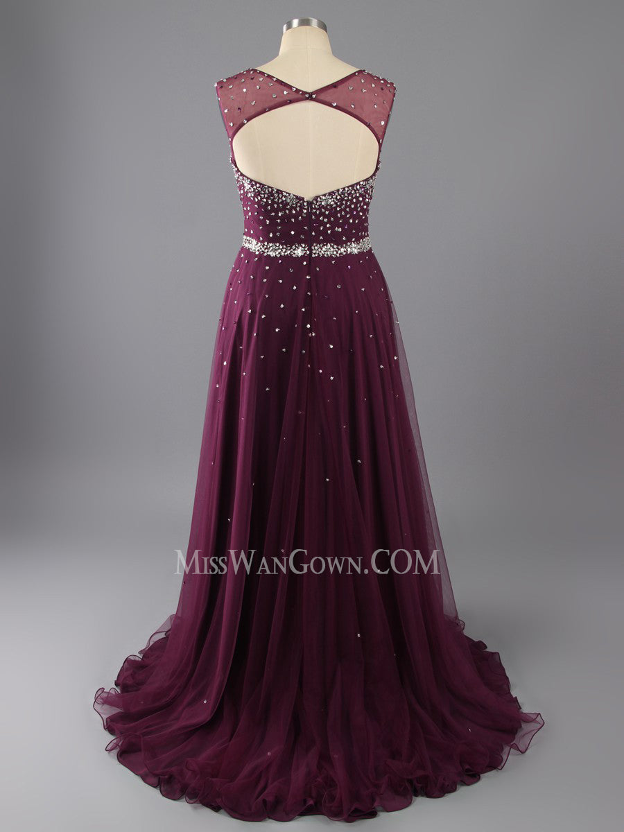 Round neck tulle handmade beading sequins prom dresses sweep train backless evening dresses LF784