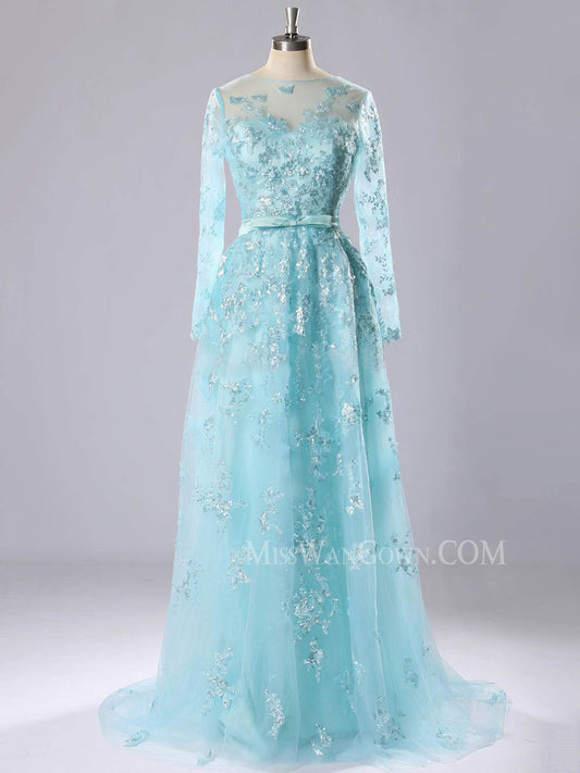 Long sleeves lace a line prom dresses customized sweep train evening dresses LF791