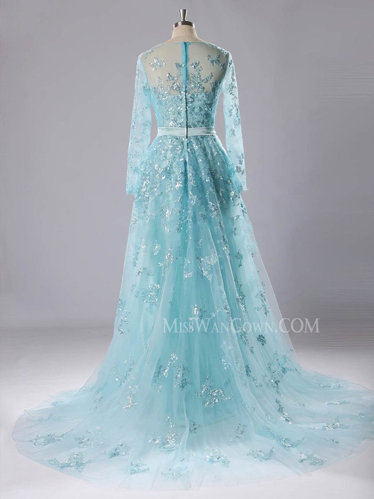 Long sleeves lace a line prom dresses customized sweep train evening dresses LF791