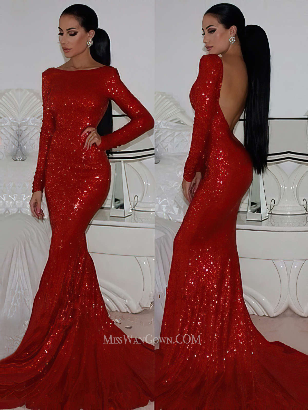 Long sleeves sequins prom dresses mermaid backless customized evening dresses LF801