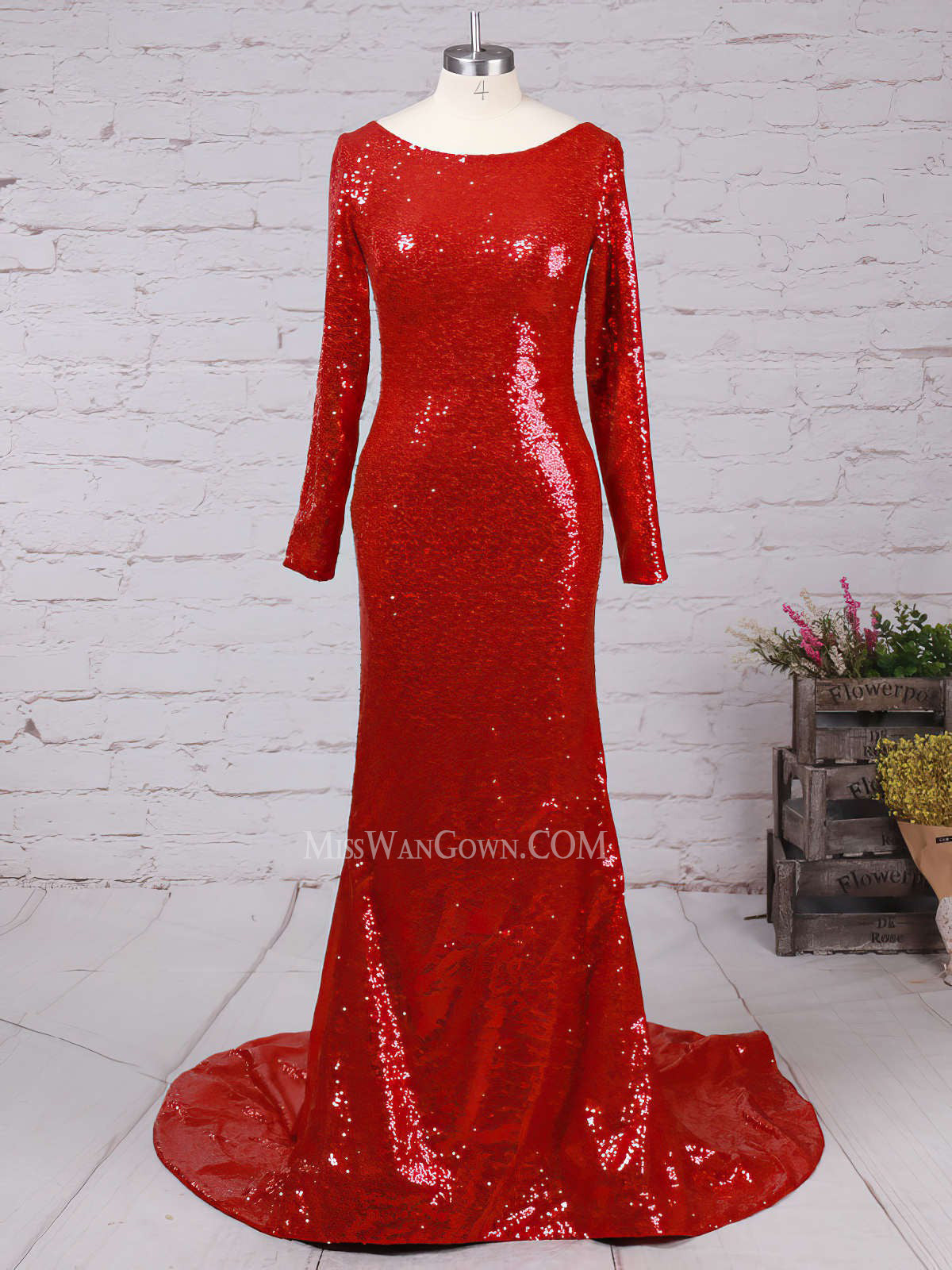 Long sleeves sequins prom dresses mermaid backless customized evening dresses LF801