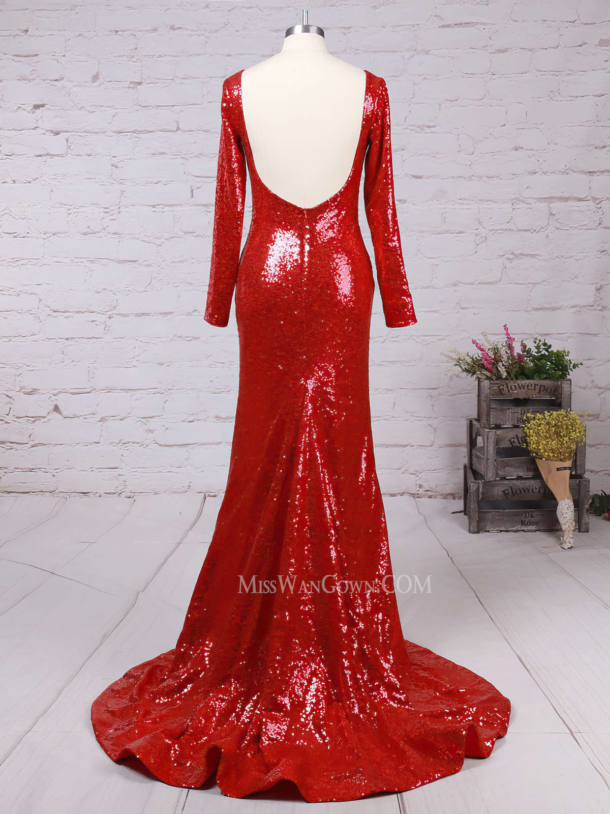 Long sleeves sequins prom dresses mermaid backless customized evening dresses LF801