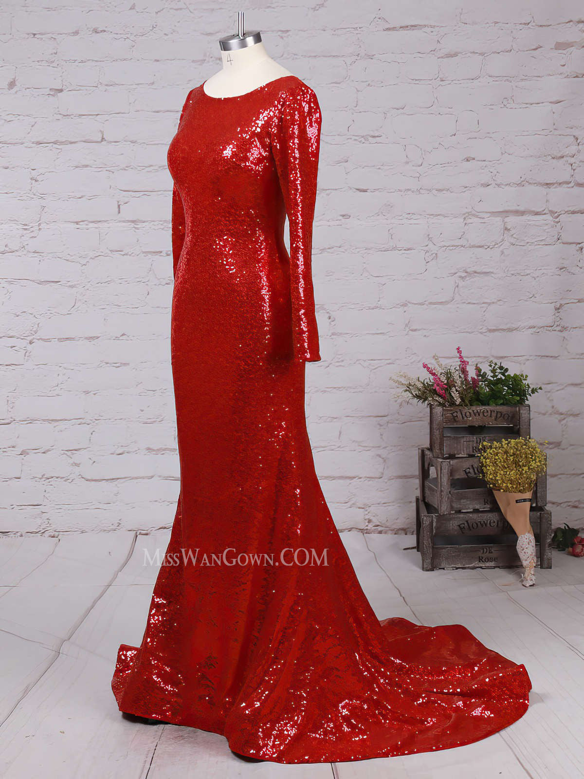 Long sleeves sequins prom dresses mermaid backless customized evening dresses LF801