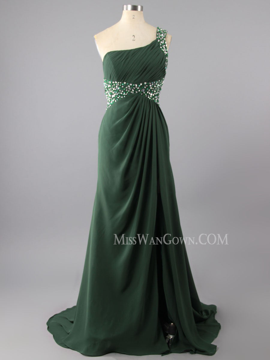 One shoulder chiffon beading sequins prom dresses customized floor length evening dresses LF795