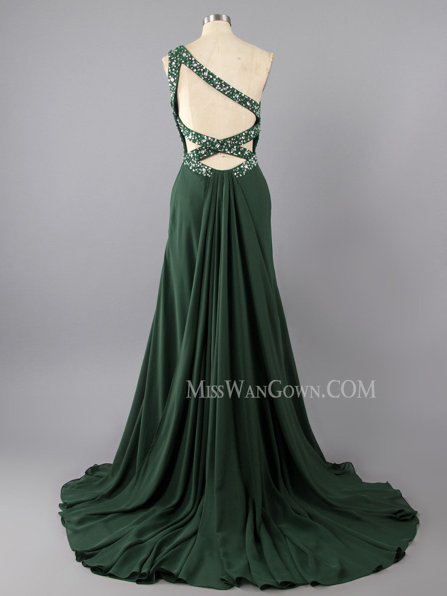 One shoulder chiffon beading sequins prom dresses customized floor length evening dresses LF795