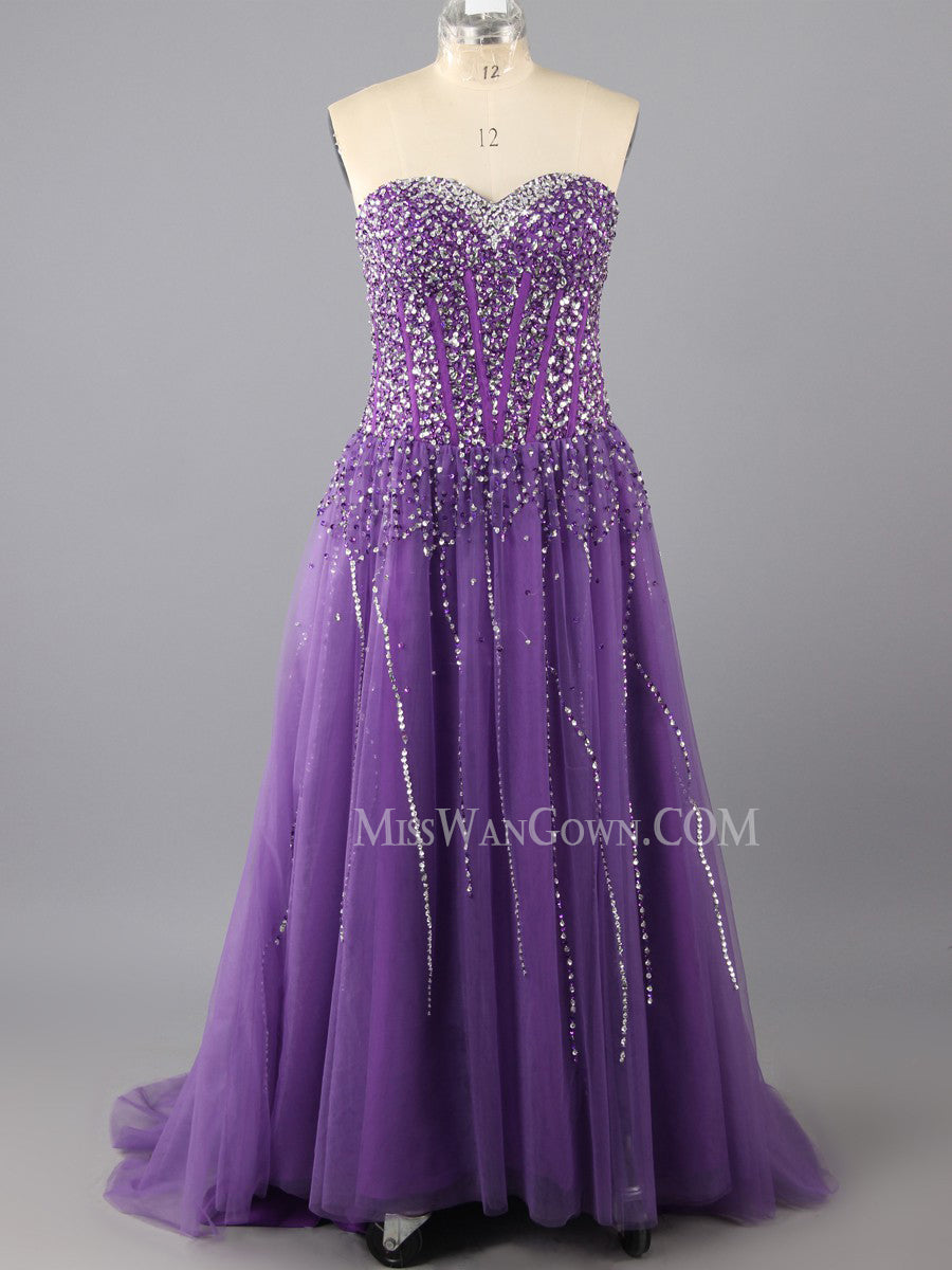 Sweetheart tulle handmade beading prom dresses a line customized sweep train evening dresses LF800