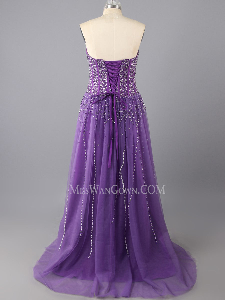 Sweetheart tulle handmade beading prom dresses a line customized sweep train evening dresses LF800