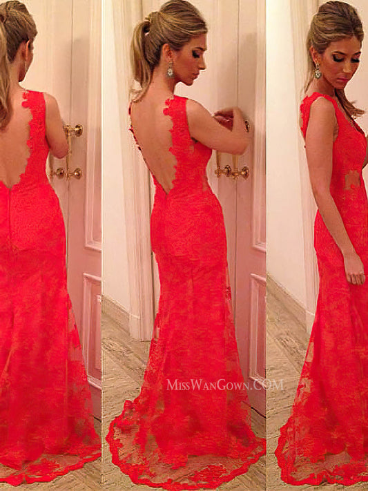 Sexy deep v neck lace prom dresses customized sweep train evening dresses LF781