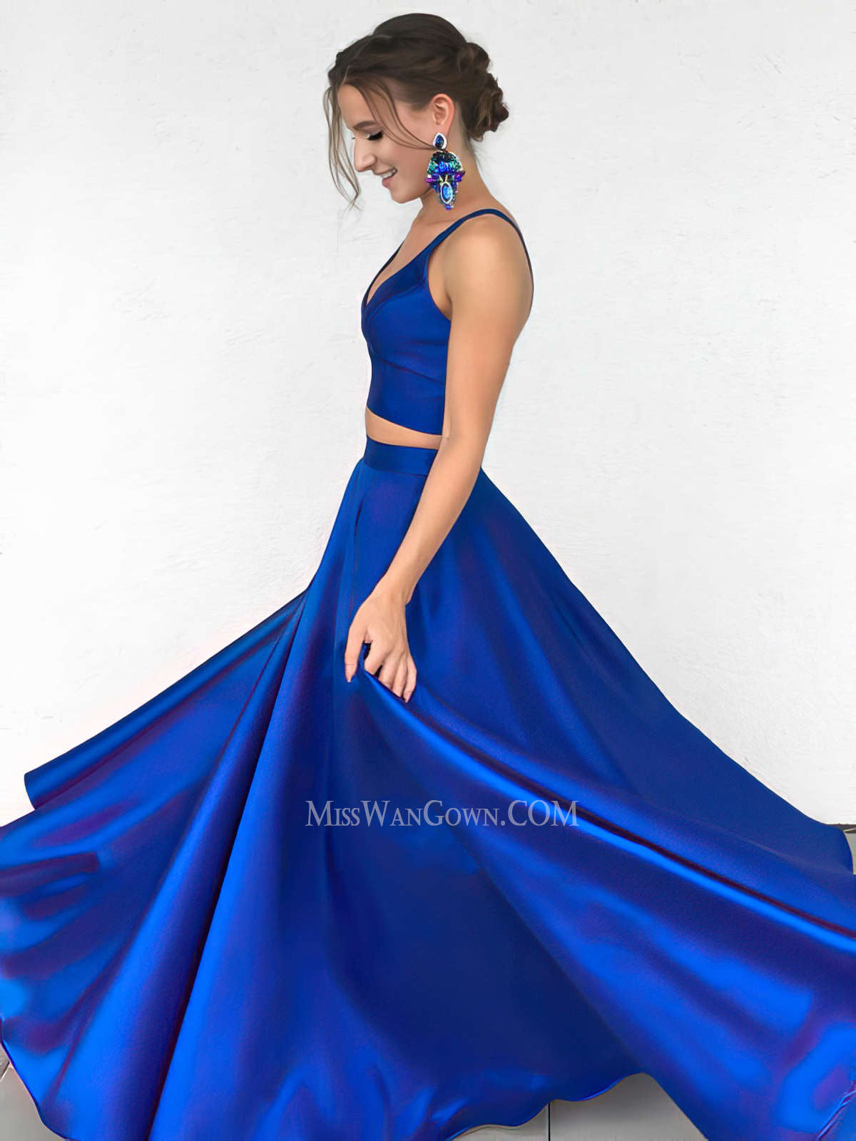 Two pieces satin deep v neck prom dresses floor length customized evening dresses LF880