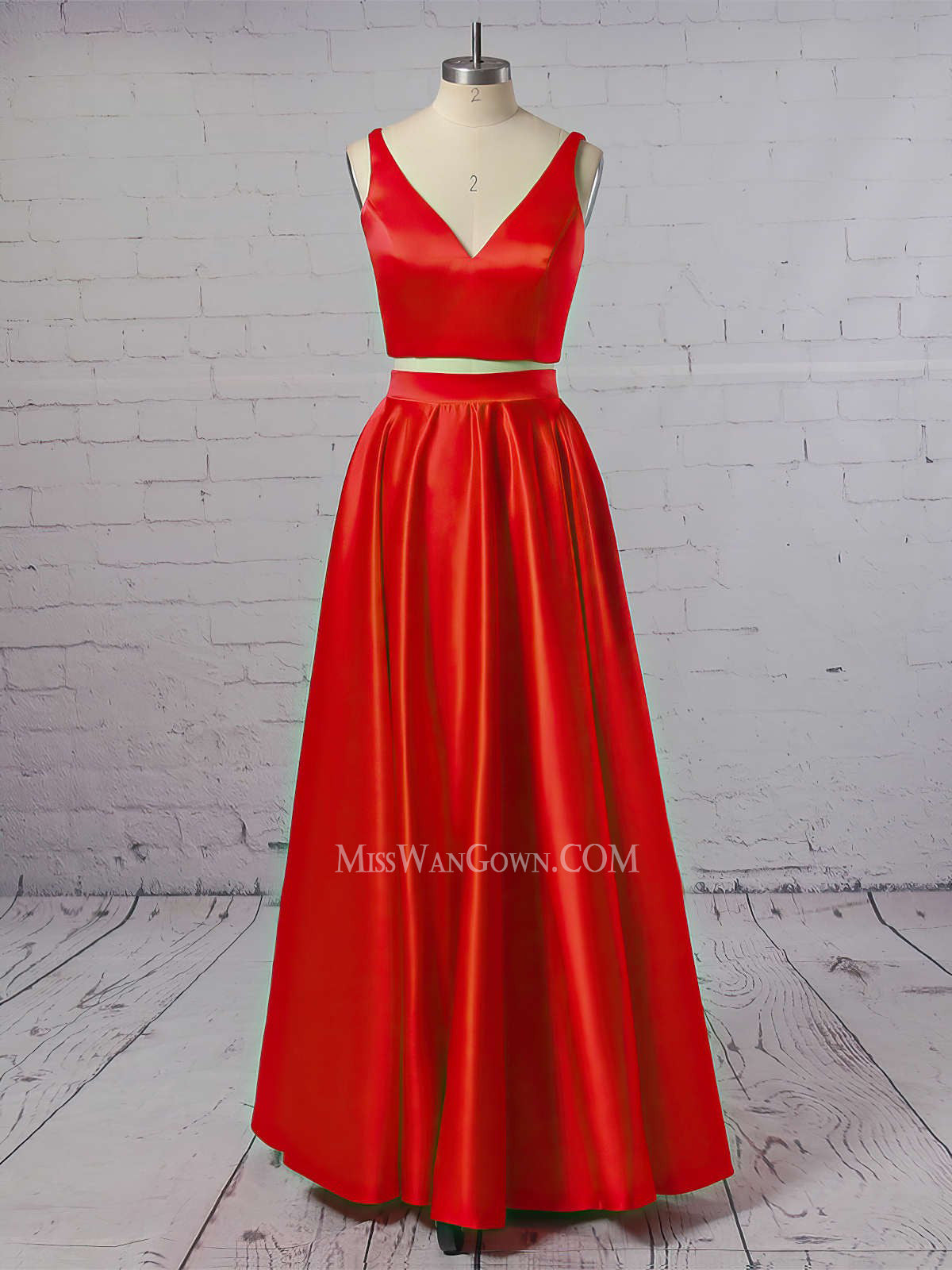 Two pieces satin deep v neck prom dresses floor length customized evening dresses LF880