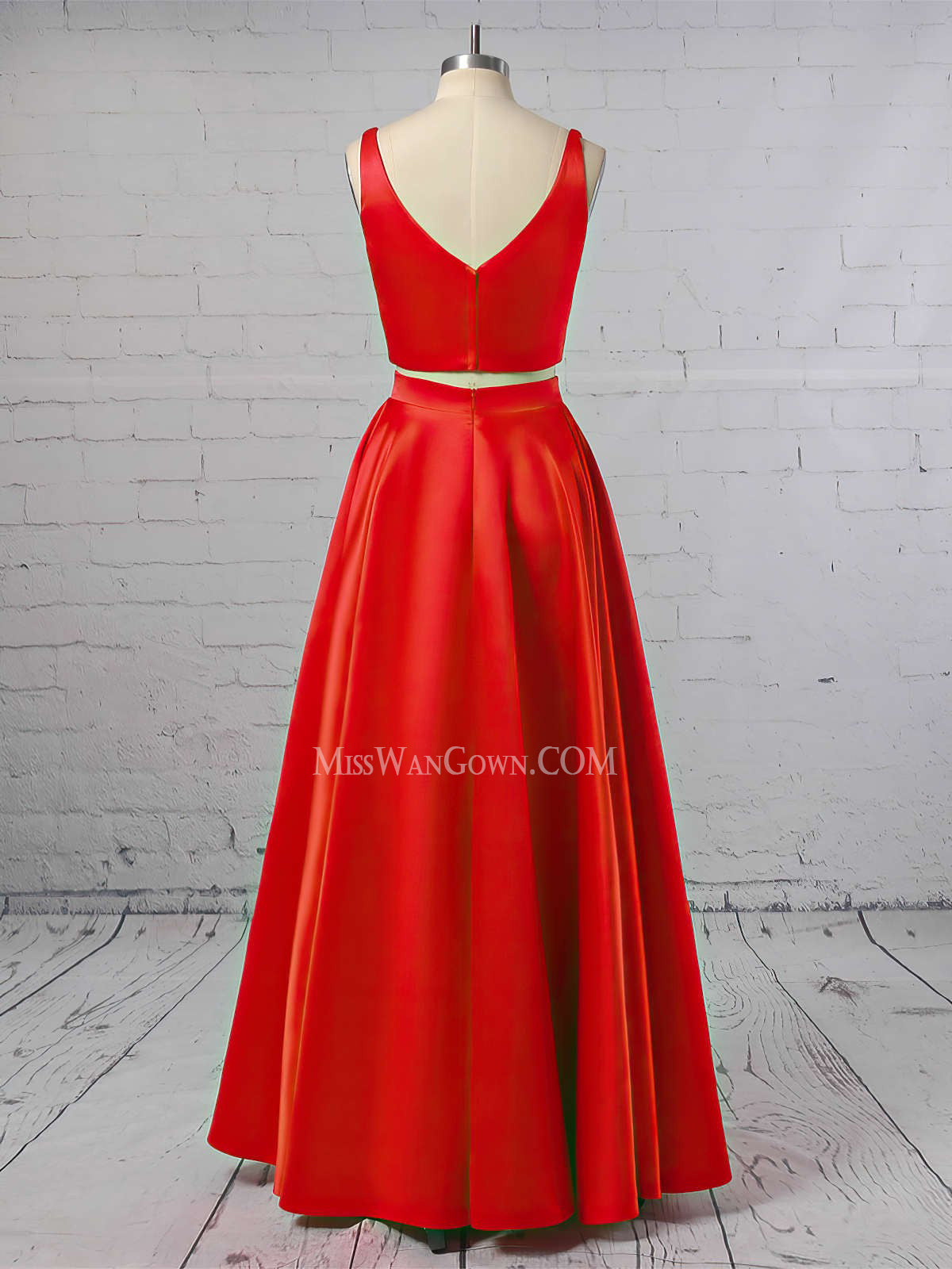 Two pieces satin deep v neck prom dresses floor length customized evening dresses LF880