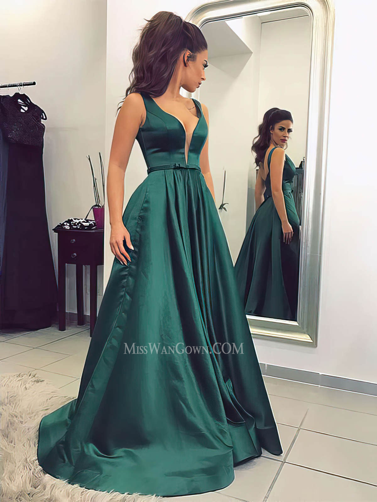 Deep v neck satin sash prom dresses sweep train customized evening dresses LF879