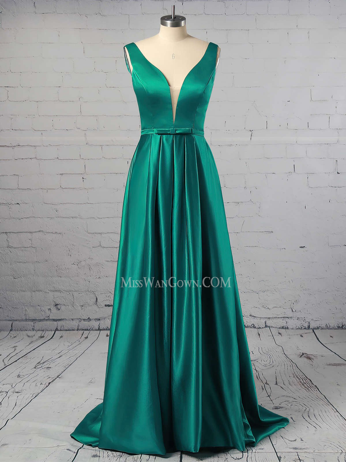 Deep v neck satin sash prom dresses sweep train customized evening dresses LF879