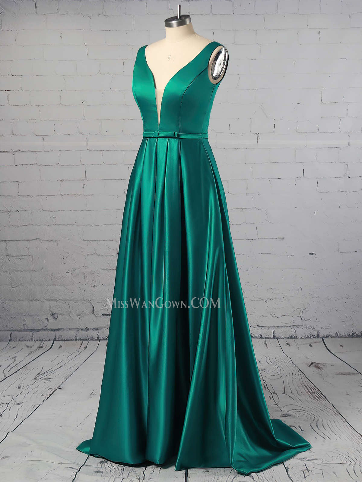 Deep v neck satin sash prom dresses sweep train customized evening dresses LF879