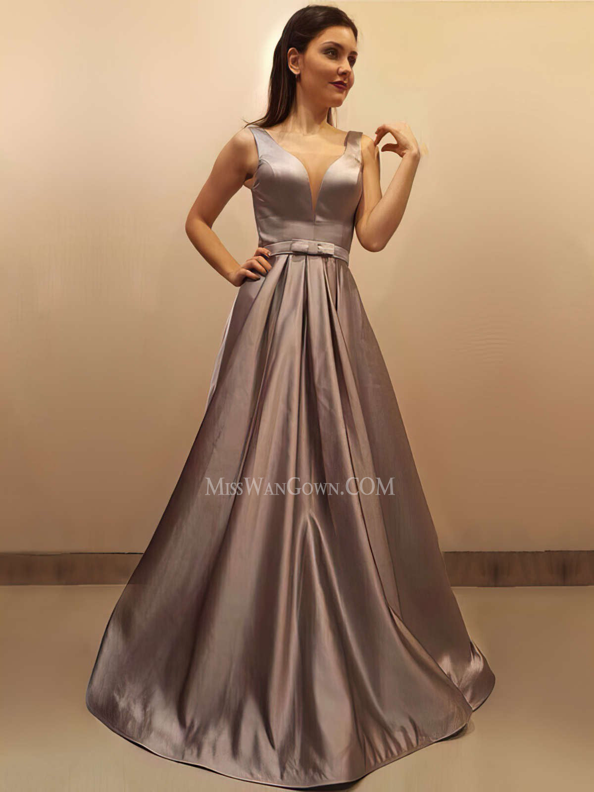 Deep v neck satin sash prom dresses sweep train customized evening dresses LF879