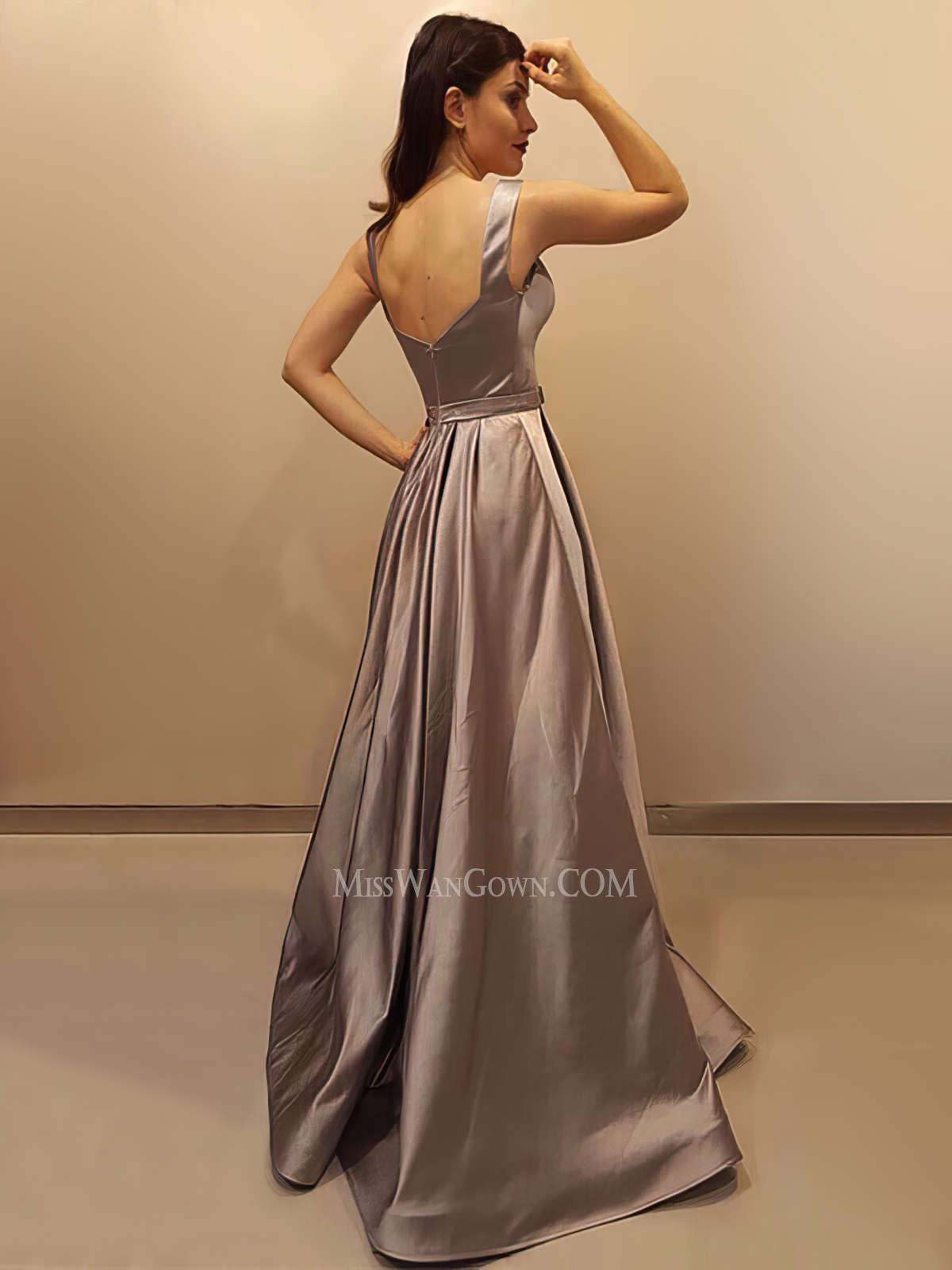 Deep v neck satin sash prom dresses sweep train customized evening dresses LF879