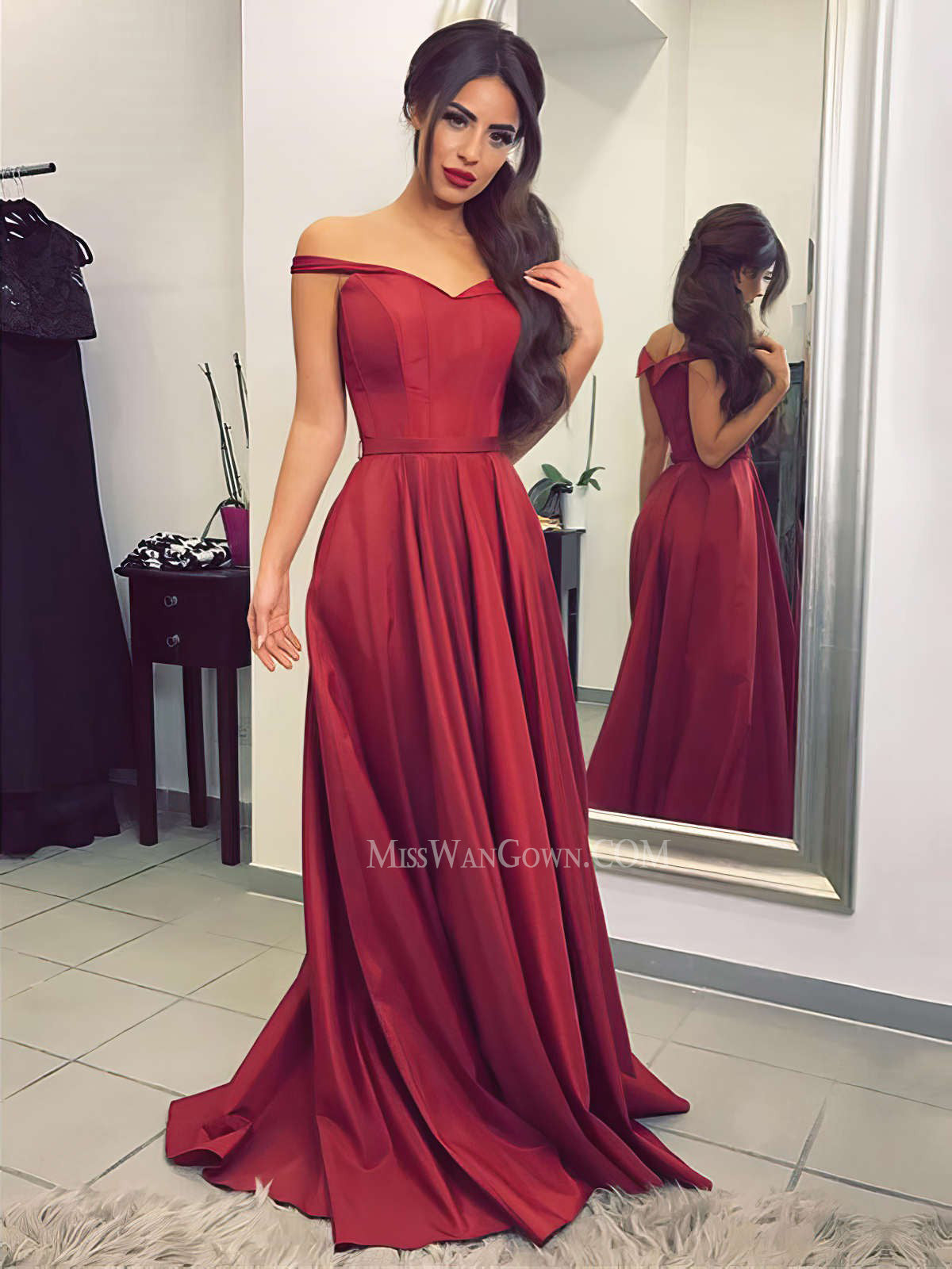 Off shoulder satin a line prom dresses customized sweep train evening dresses LF878