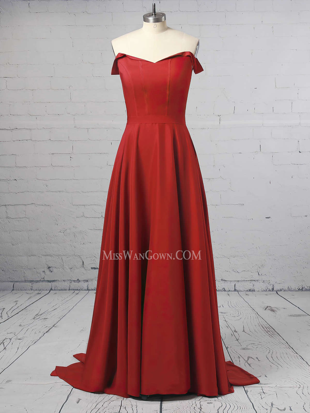 Off shoulder satin a line prom dresses customized sweep train evening dresses LF878