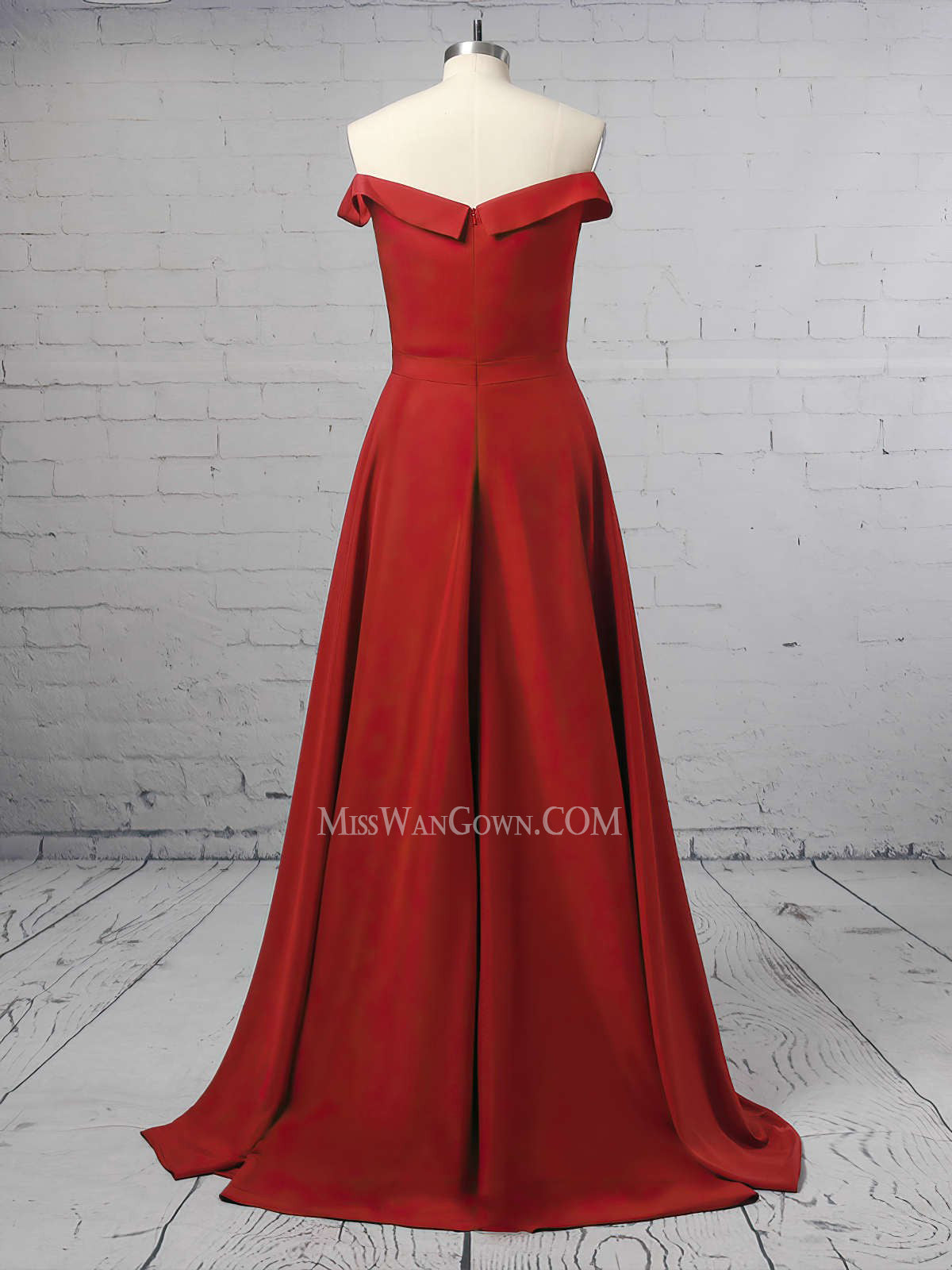 Off shoulder satin a line prom dresses customized sweep train evening dresses LF878