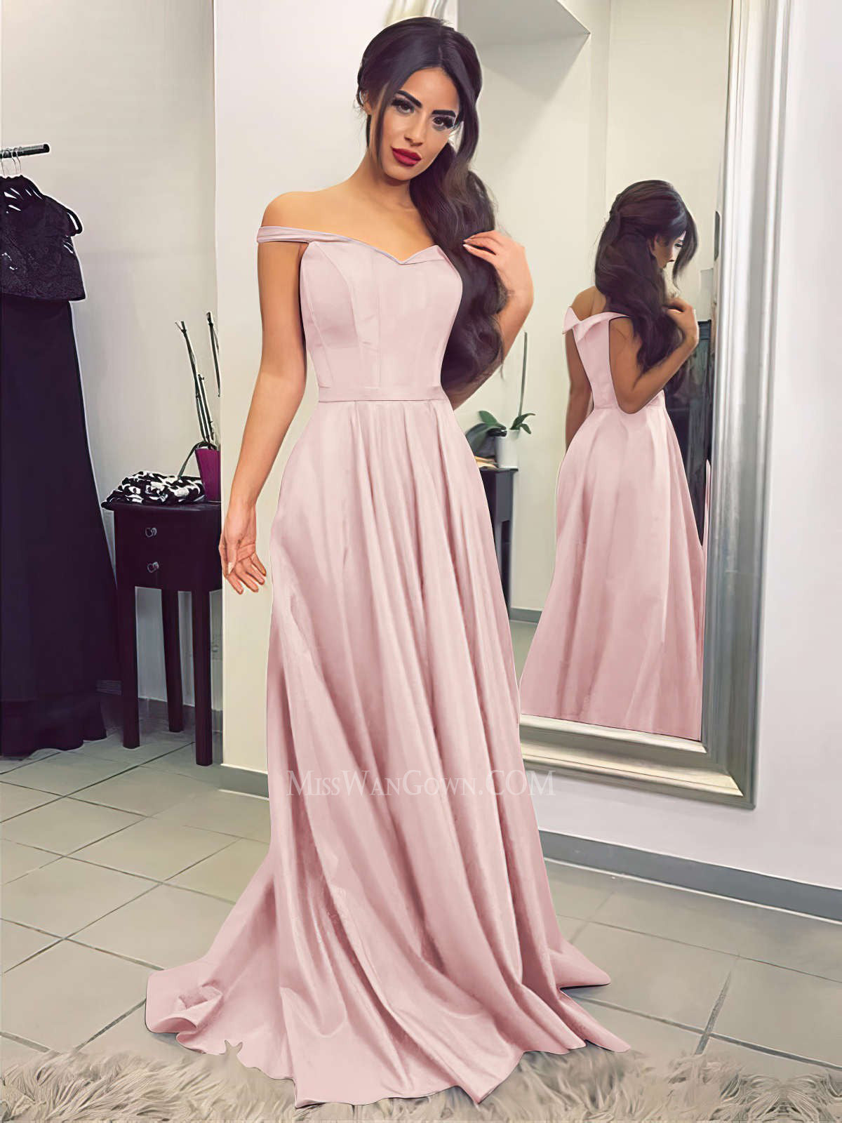 Off shoulder satin a line prom dresses customized sweep train evening dresses LF878