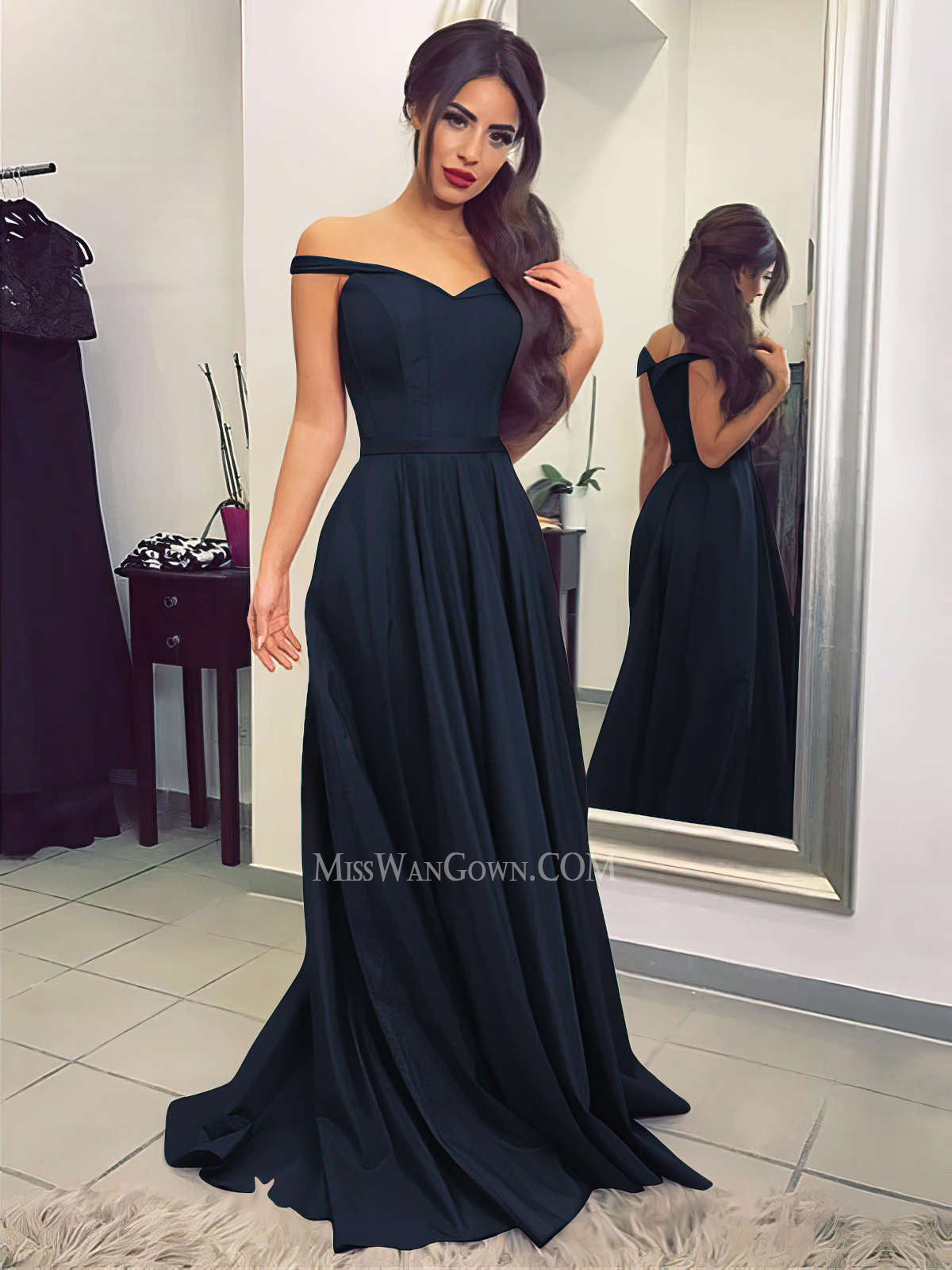 Off shoulder satin a line prom dresses customized sweep train evening dresses LF878