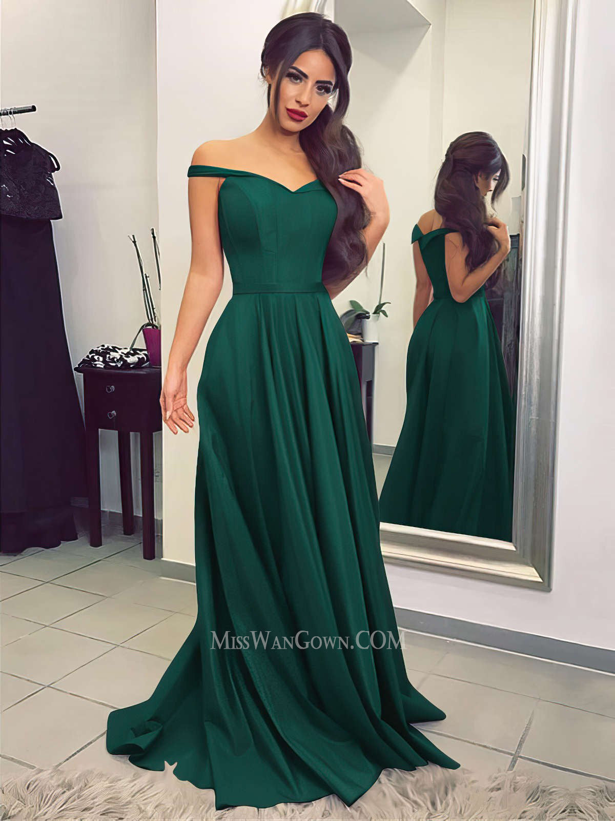 Off shoulder satin a line prom dresses customized sweep train evening dresses LF878