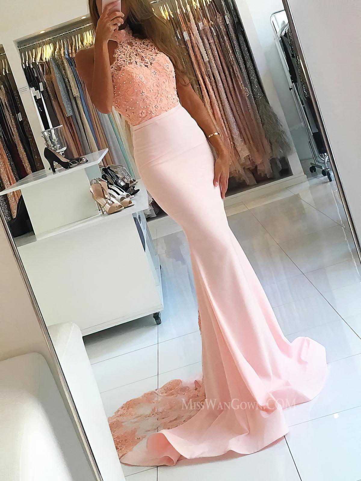 Halter satin lace prom dresses sweep train mermaid evening dresses LF877