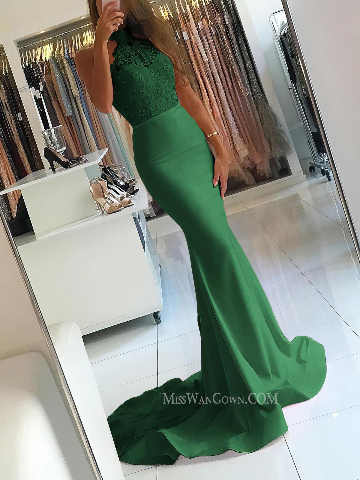 Halter satin lace prom dresses sweep train mermaid evening dresses LF877