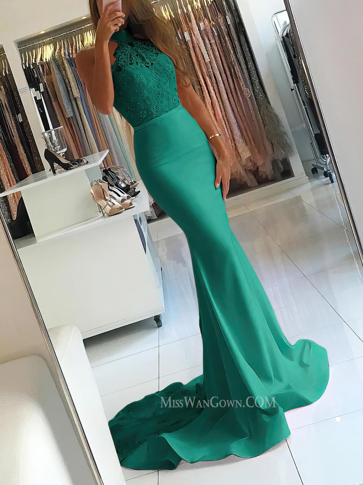 Halter satin lace prom dresses sweep train mermaid evening dresses LF877