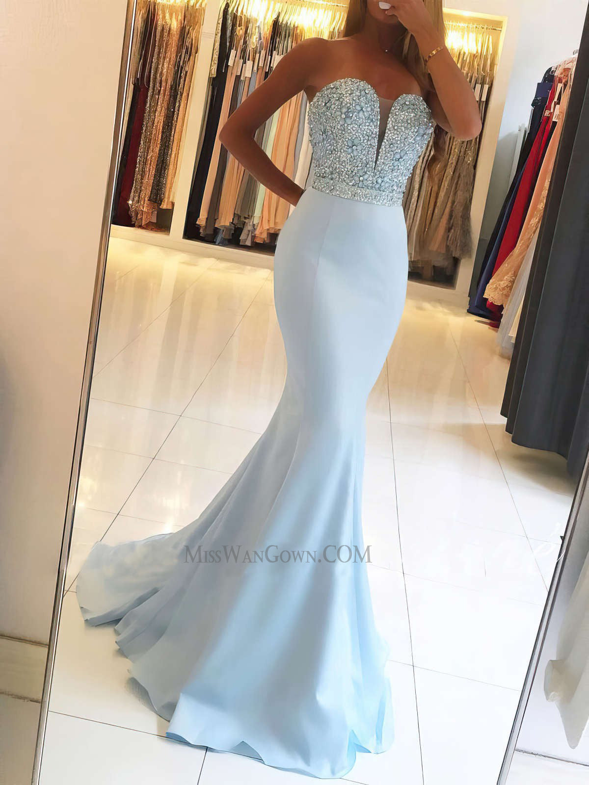 Sweetheart mermaid satin beading diamond prom dresses sweep train customized evening dresses LF867