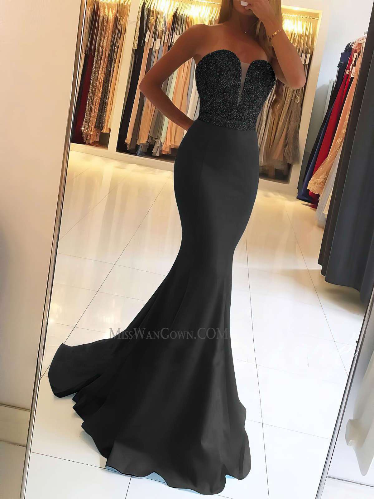 Sweetheart mermaid satin beading diamond prom dresses sweep train customized evening dresses LF867