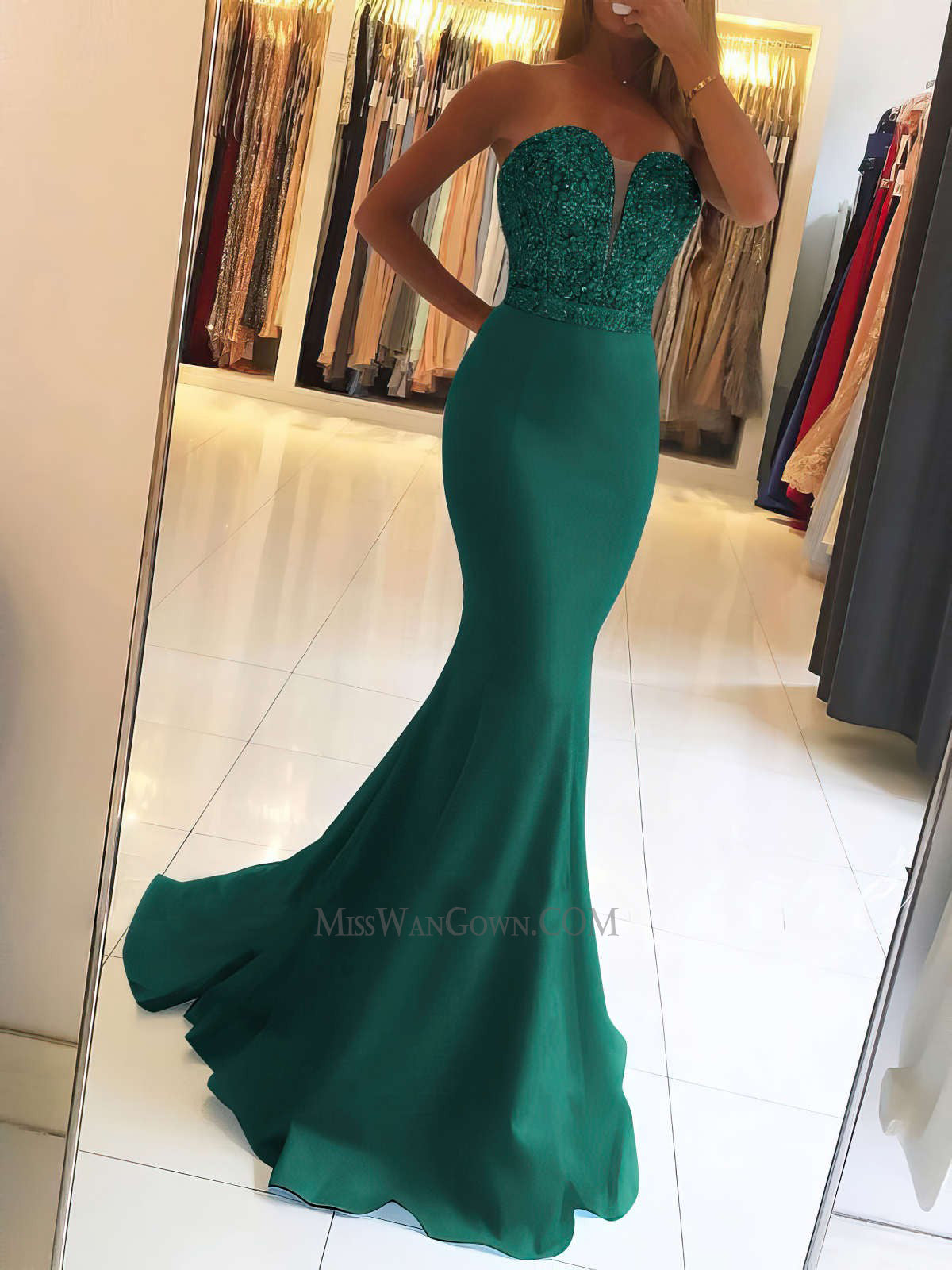 Sweetheart mermaid satin beading diamond prom dresses sweep train customized evening dresses LF867