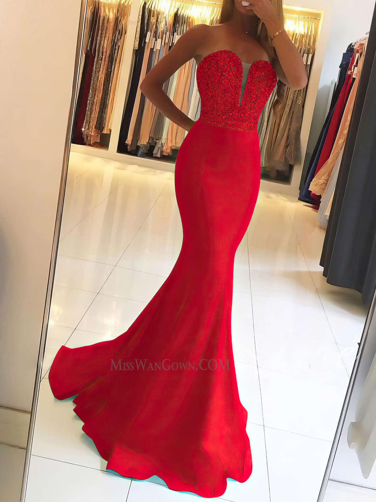 Sweetheart mermaid satin beading diamond prom dresses sweep train customized evening dresses LF867