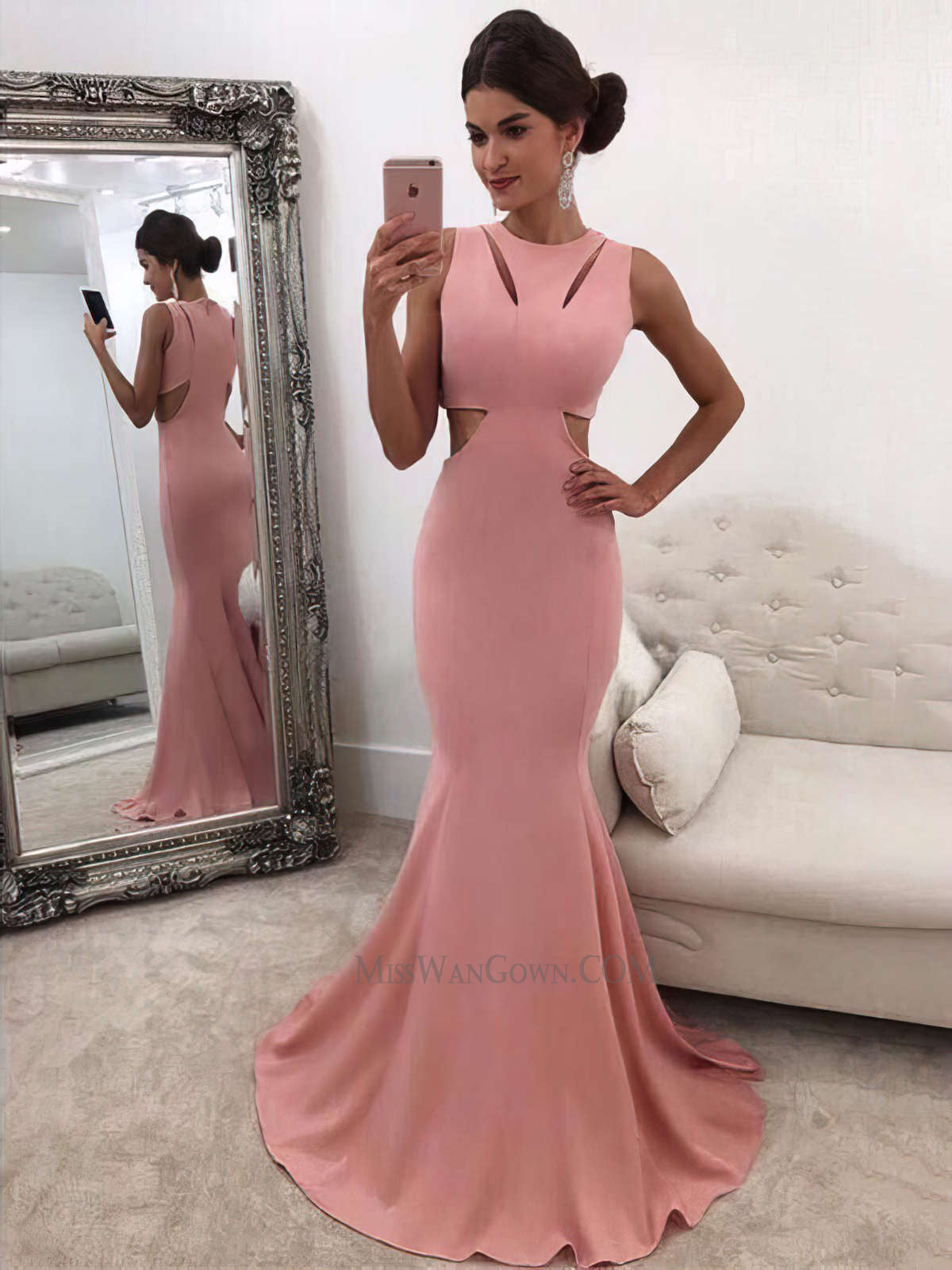 Round neck satin mermaid prom dresses sweep train evening dresses LF865