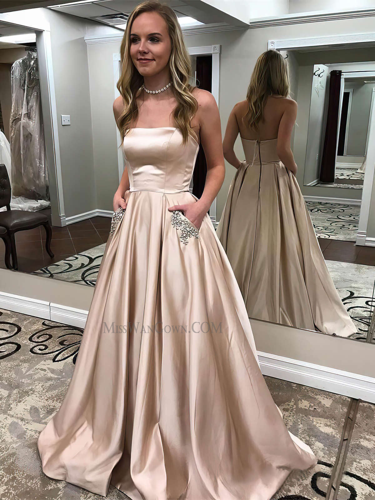 Strapless satin a line prom dresses customized floor length evening dresses LF862