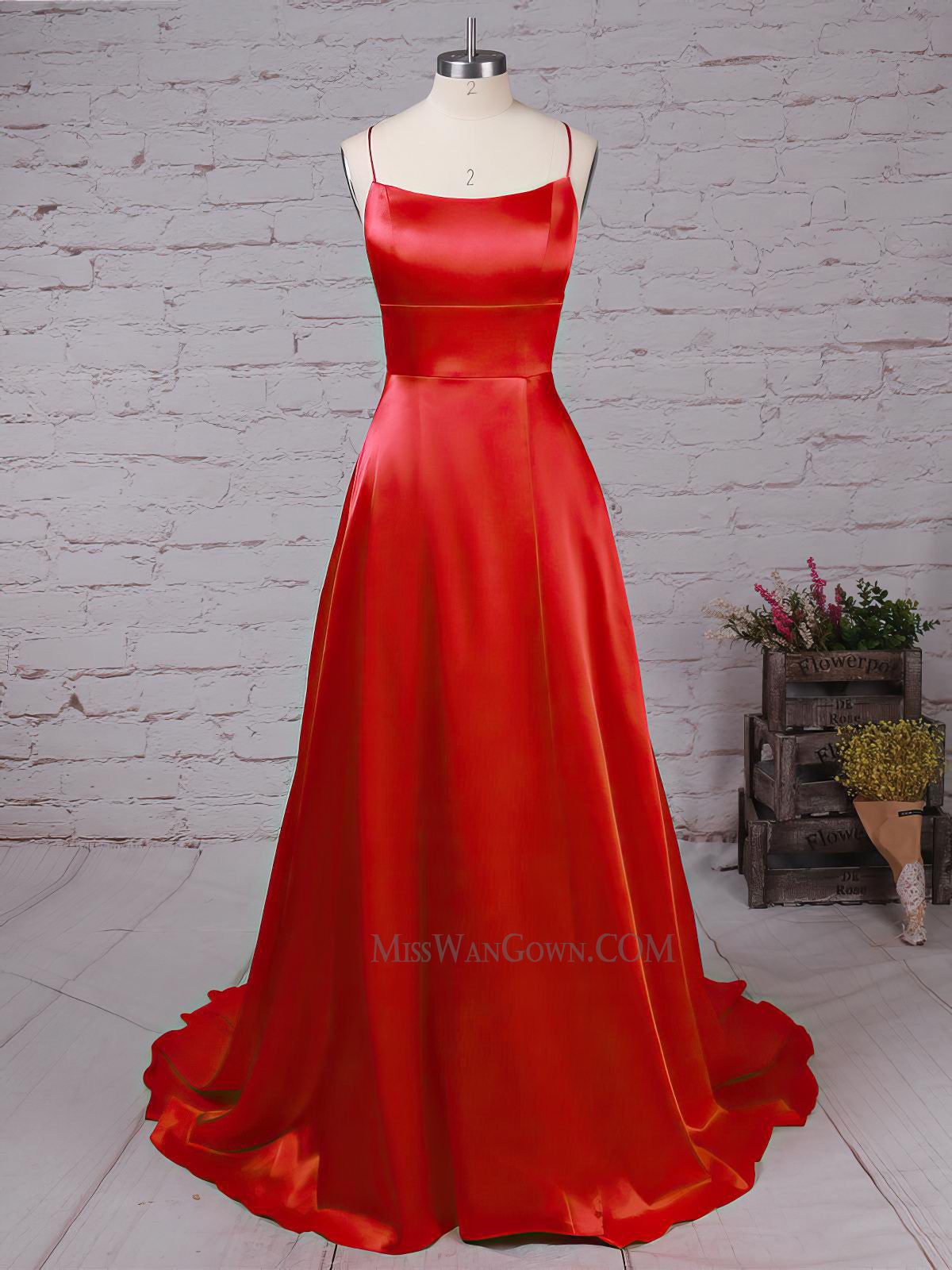 Spaghetti strap satin sweep train evening dresses customized high split prom dresses LF861