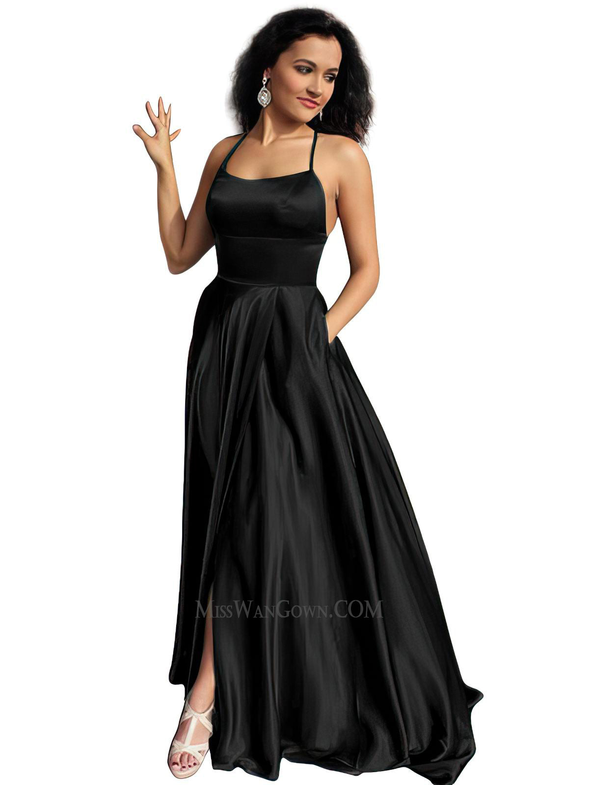 Spaghetti strap satin sweep train evening dresses customized high split prom dresses LF861