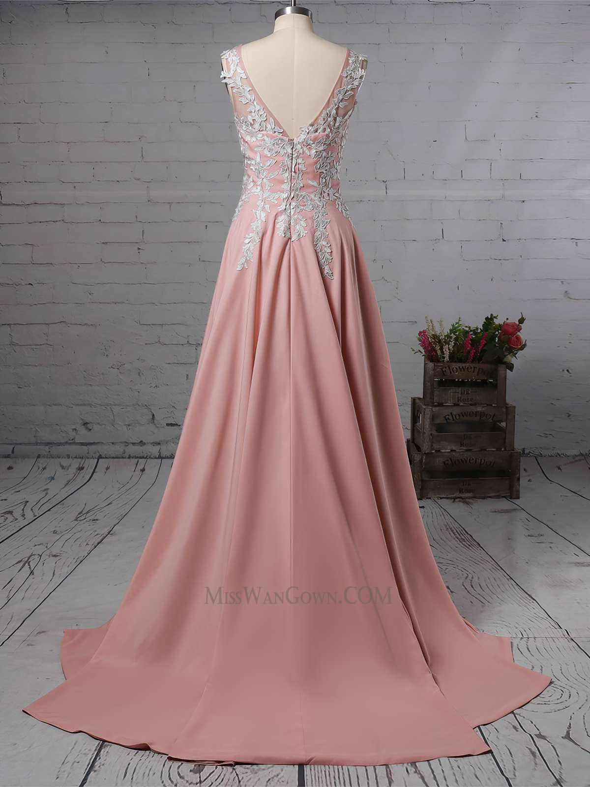 Sexy deep v neck satin appliqued prom dresses customized sweep train high split evening dresses LF859