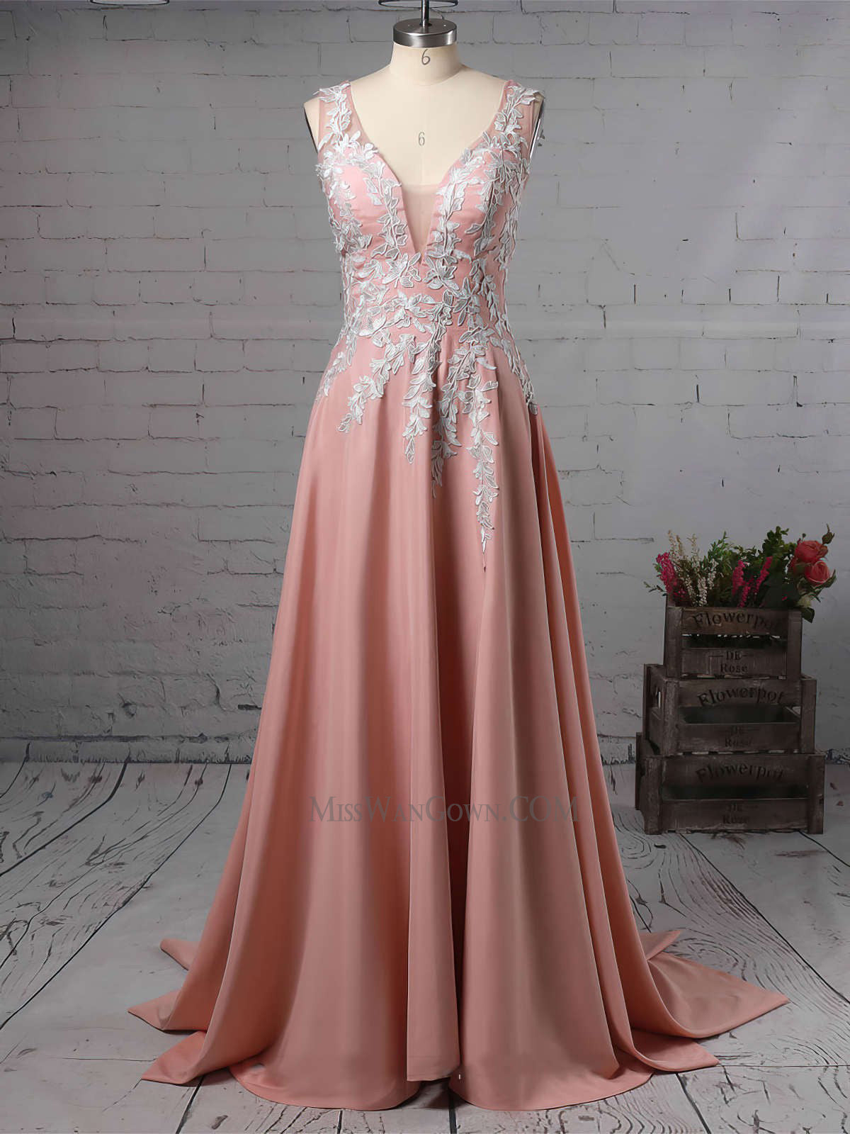 Sexy deep v neck satin appliqued prom dresses customized sweep train high split evening dresses LF859