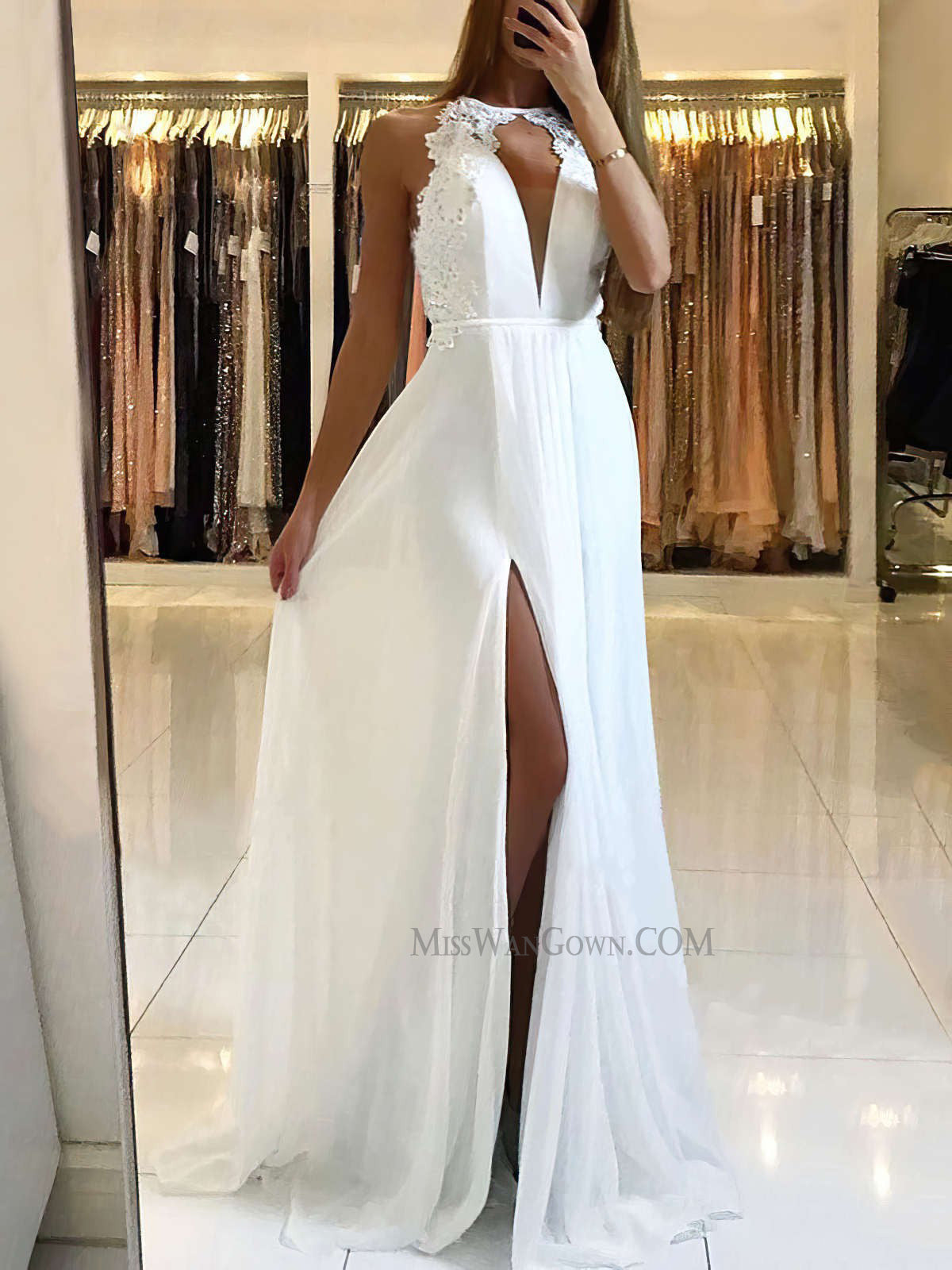 Halter chiffon appliqued prom dresses customized high split evening dresses LF858