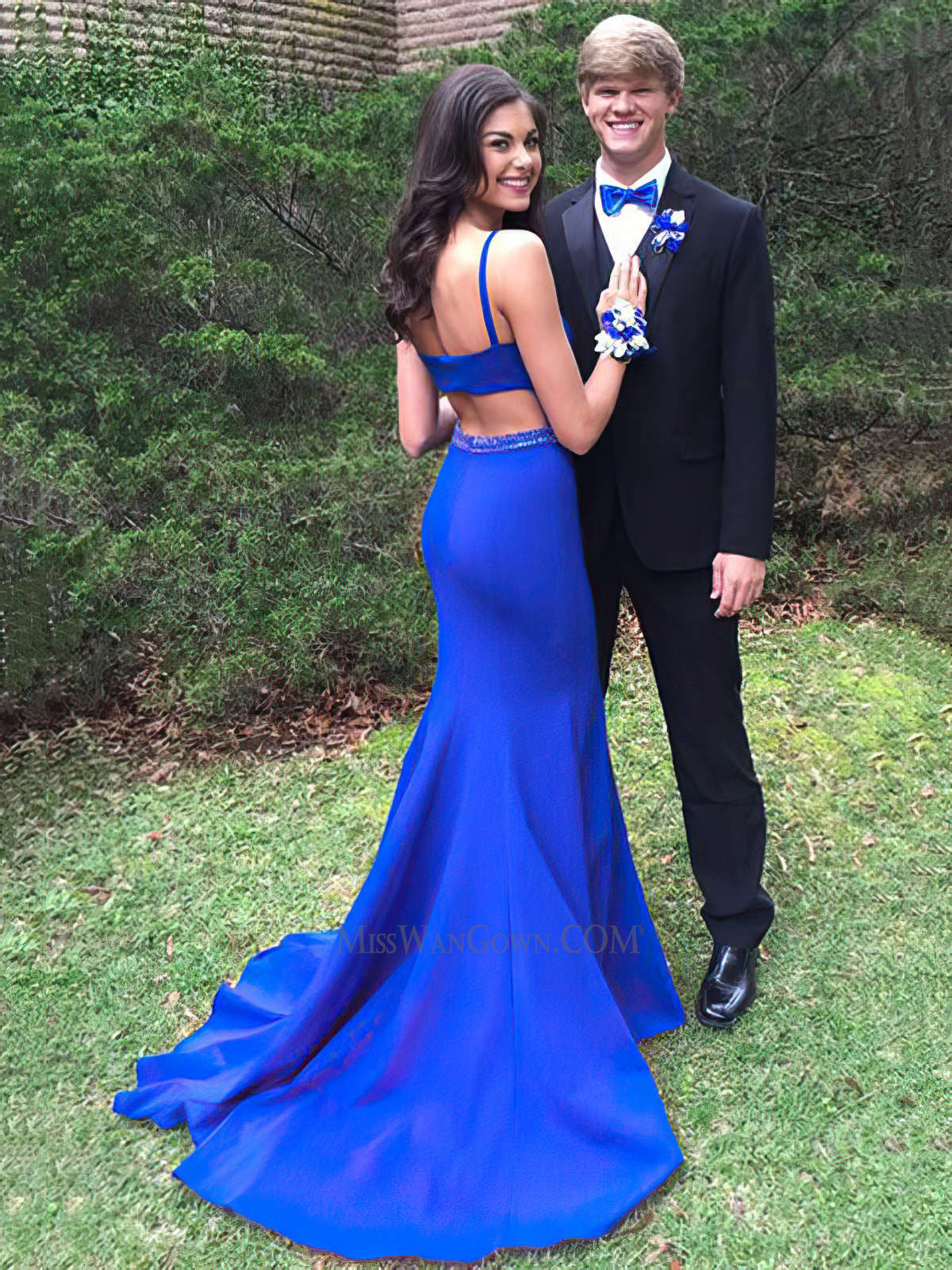 Round neck satin mermaid prom dresses customized sweep train evening dresses LF857