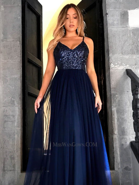 Spaghetti strap v neck tulle prom dresses customized floor length evening dresses LF856