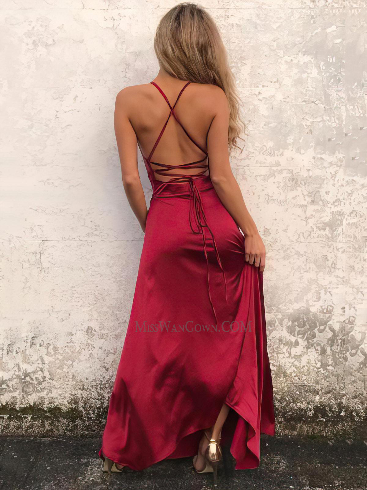 Spaghetti strap satin floor length evening dresses high split backless prom dresses LF854