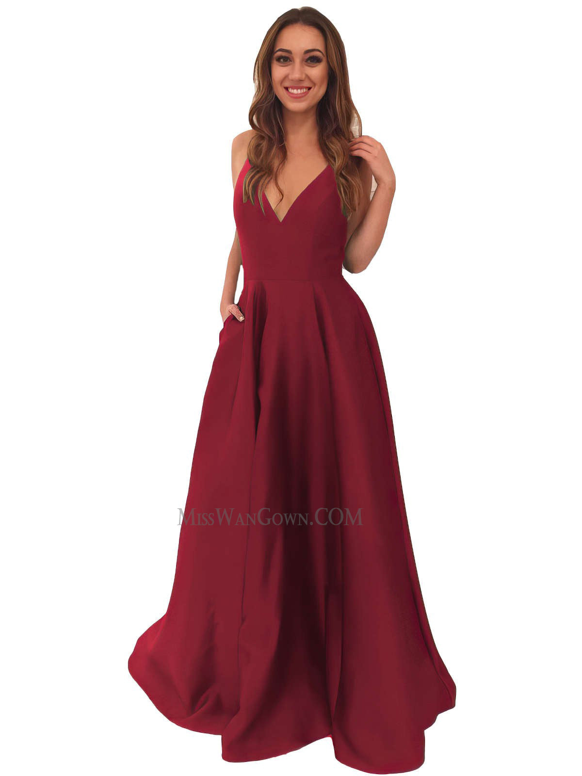 Sexy deep v neck spaghetti strap satin prom dresses sweep train evening dresses LF853