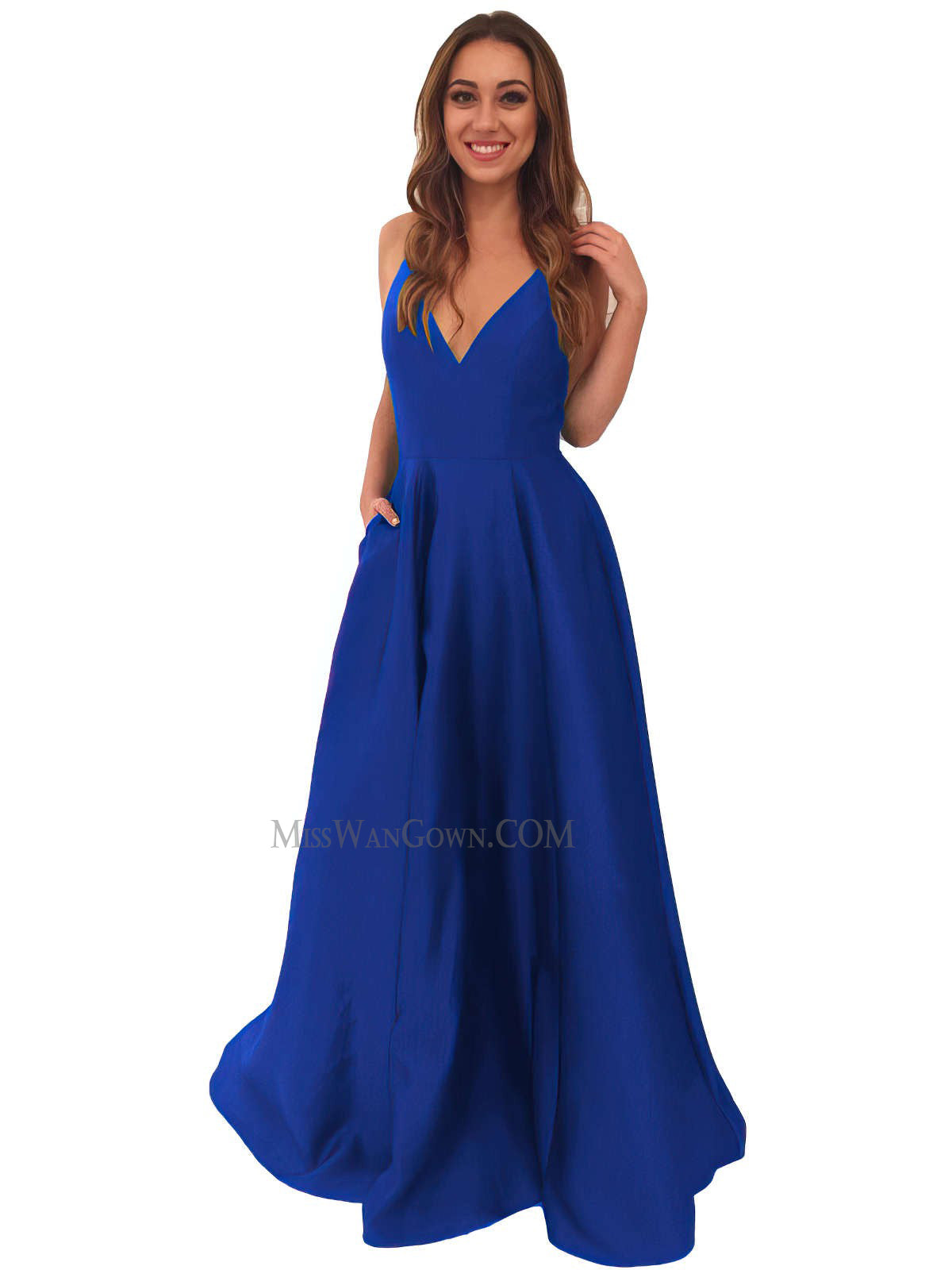 Sexy deep v neck spaghetti strap satin prom dresses sweep train evening dresses LF853