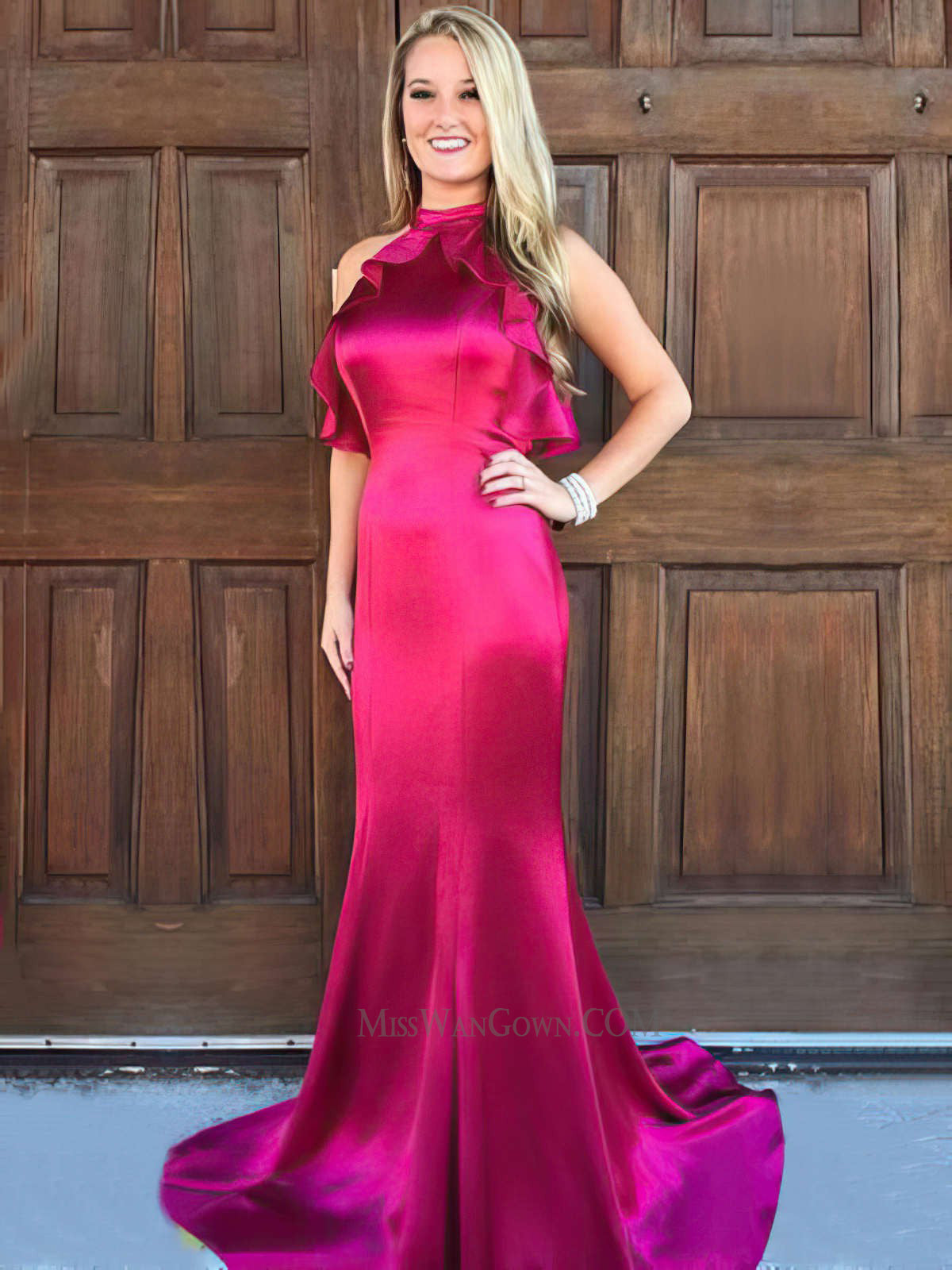 Halter satin mermaid prom dresses customized sweep train evening dresses LF851