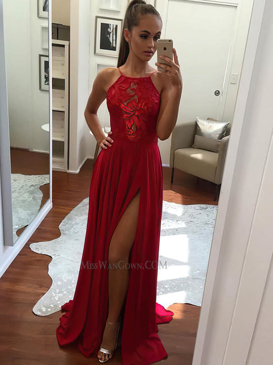 Spaghetti strap satin lace prom dresses customized sweep train evening dresses LF847